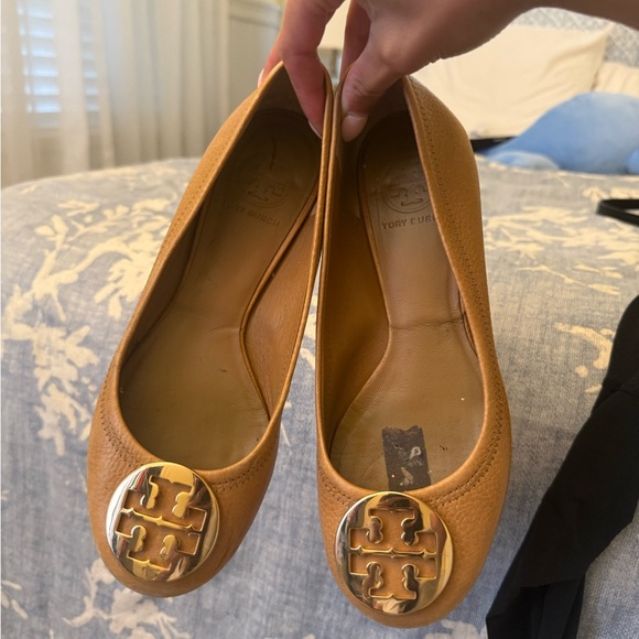 Tory Burch Shoes - Tory Burch Tan Leather Flats with Medallion Logo
